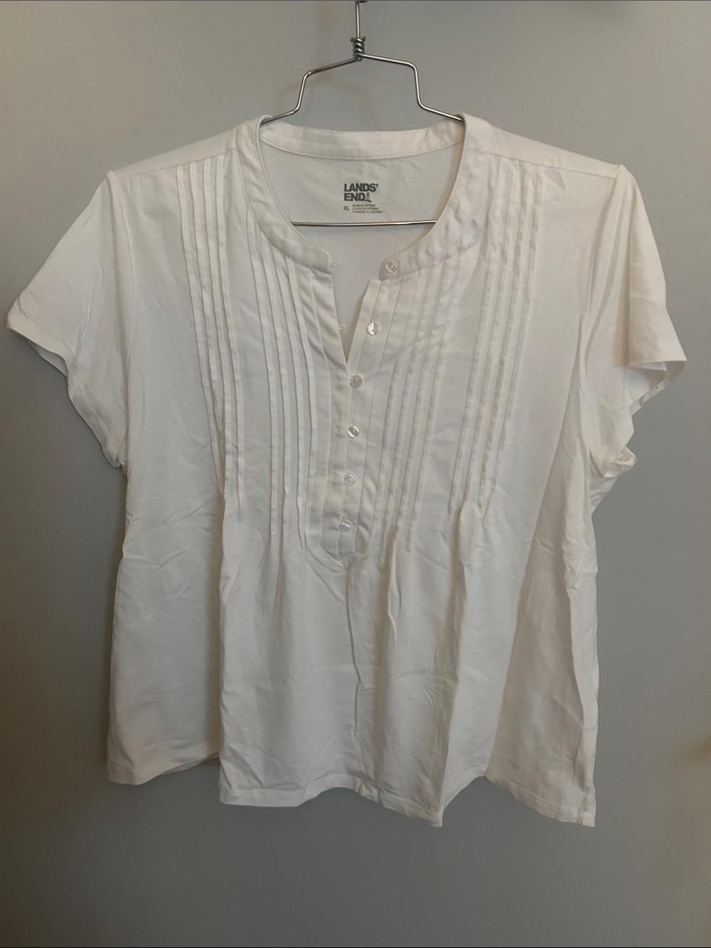 Lands' End White Pintuck Henley Short-Sleeve Blouse